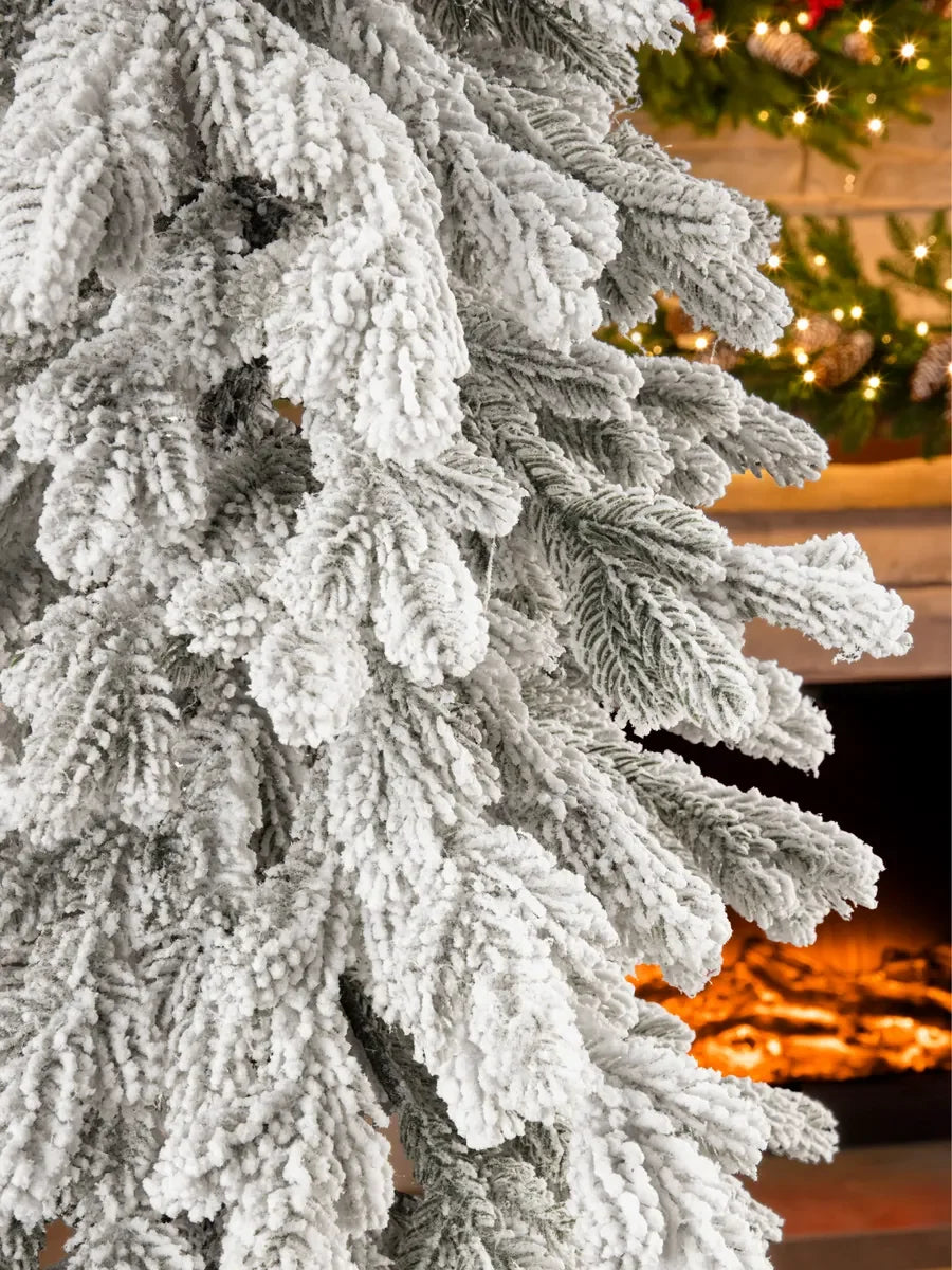 Snow-Covered Christmas Trees on Wooden Trunks with LED Lights (Set of 3)