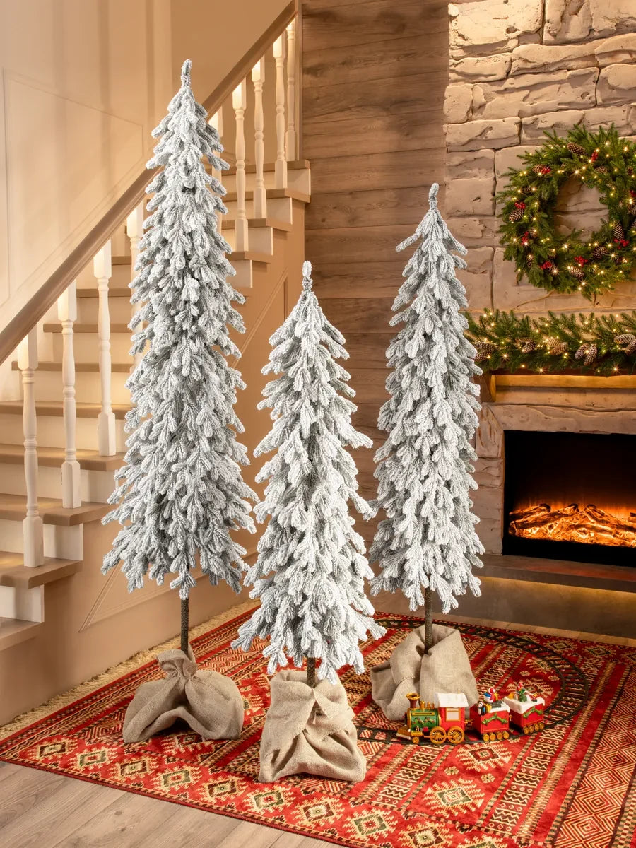 Christmas trees on wooden trunks artificial snow-covered molded (set of 3)