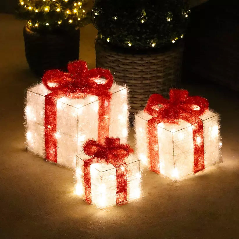 3er-Set batteriebetriebene Leuchtgeschenke, 65 LEDs (H30 cm), rot-weiße Schleife