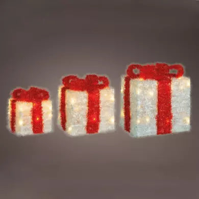 3er-Set batteriebetriebene Leuchtgeschenke, 65 LEDs (H30 cm), rot-weiße Schleife