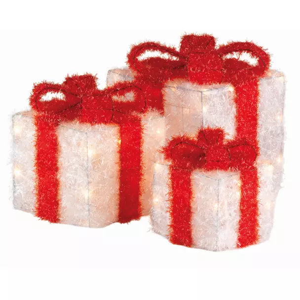 3er-Set batteriebetriebene Leuchtgeschenke, 65 LEDs (H30 cm), rot-weiße Schleife